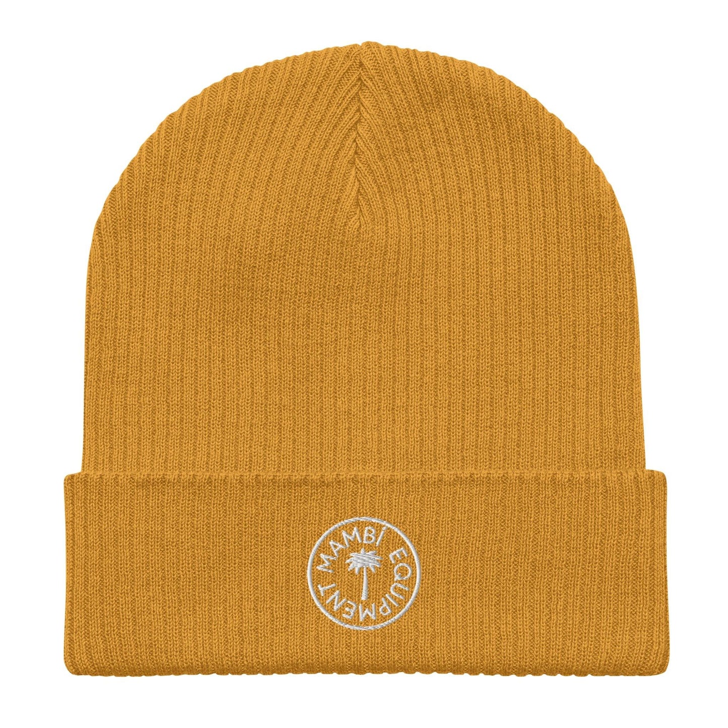 Mustard yellow unisex organic ribbed beanie with white Mambi Equipment logo on cuff