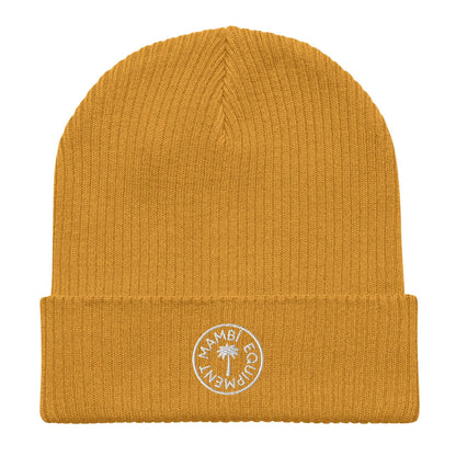 Mustard yellow unisex organic ribbed beanie with white Mambi Equipment logo on cuff