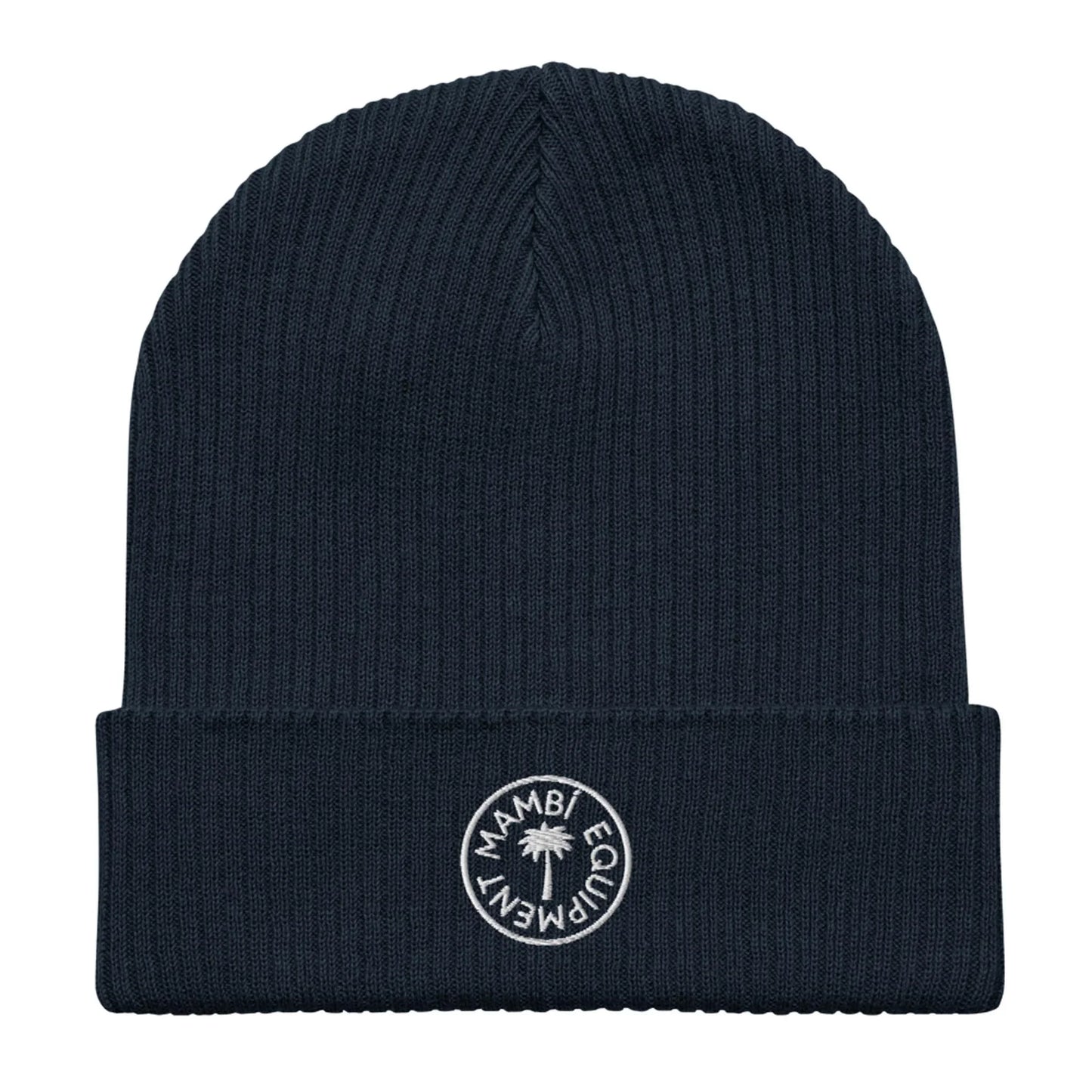 Unisex organic ribbed navy beanie with Mambi Equipment palm tree logo patch