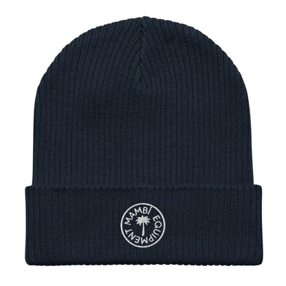 Unisex organic ribbed navy beanie with Mambi Equipment palm tree logo patch