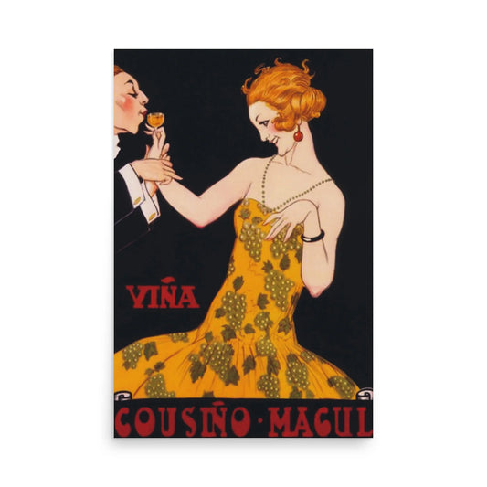 A vintage-style illustration of a woman in a yellow dress with green grape patterns, holding a glass of wine offered by a man in a tuxedo. The text reads “VIÑA COUSIÑO-MACUL.” Artistic flair evokes the spirited charm of Mambí.