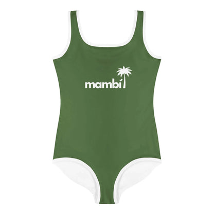 The Daisy Classic One-Piece Swimsuit by Printful for toddlers and little kids features green fabric with white trim, plus a white palm tree graphic and mambi text on the chest for playful summer style.