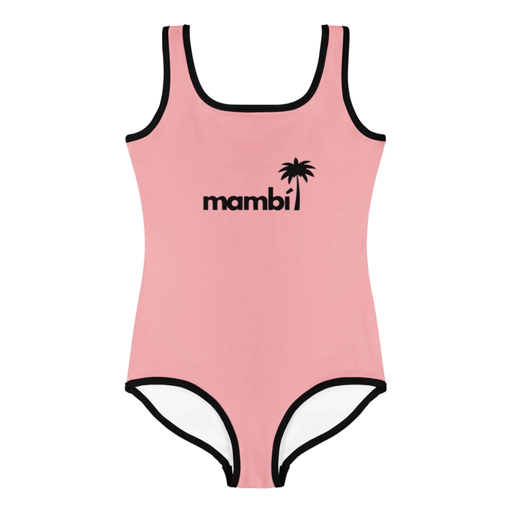 The Daisy Classic One-Piece Swimsuit by Printful for toddlers and little kids comes in pink with black trim, “mambi” in black text, and a palm tree graphic above the “i” for a vibrant, fun look.