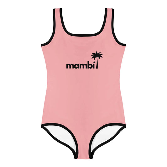 The Daisy Classic One-Piece Swimsuit by Printful for toddlers and little kids comes in pink with black trim, “mambi” in black text, and a palm tree graphic above the “i” for a vibrant, fun look.