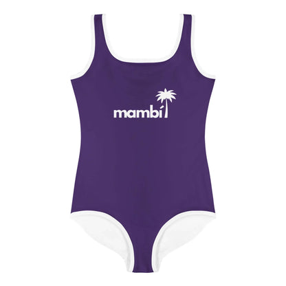 The Daisy Classic One-Piece Swimsuit by Printful features vibrant purple fabric with white trim, a mambi print and palm tree graphic on the chest, plus UPF sun protection—perfect for stylish toddlers and little kids in the sun.