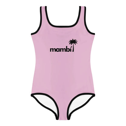 The Daisy Classic One-Piece Swimsuit by Printful is a light pink girls’ suit with black trim, mambi in black letters and a palm tree graphic on the front, plus UPF sun protection for toddlers and little kids.