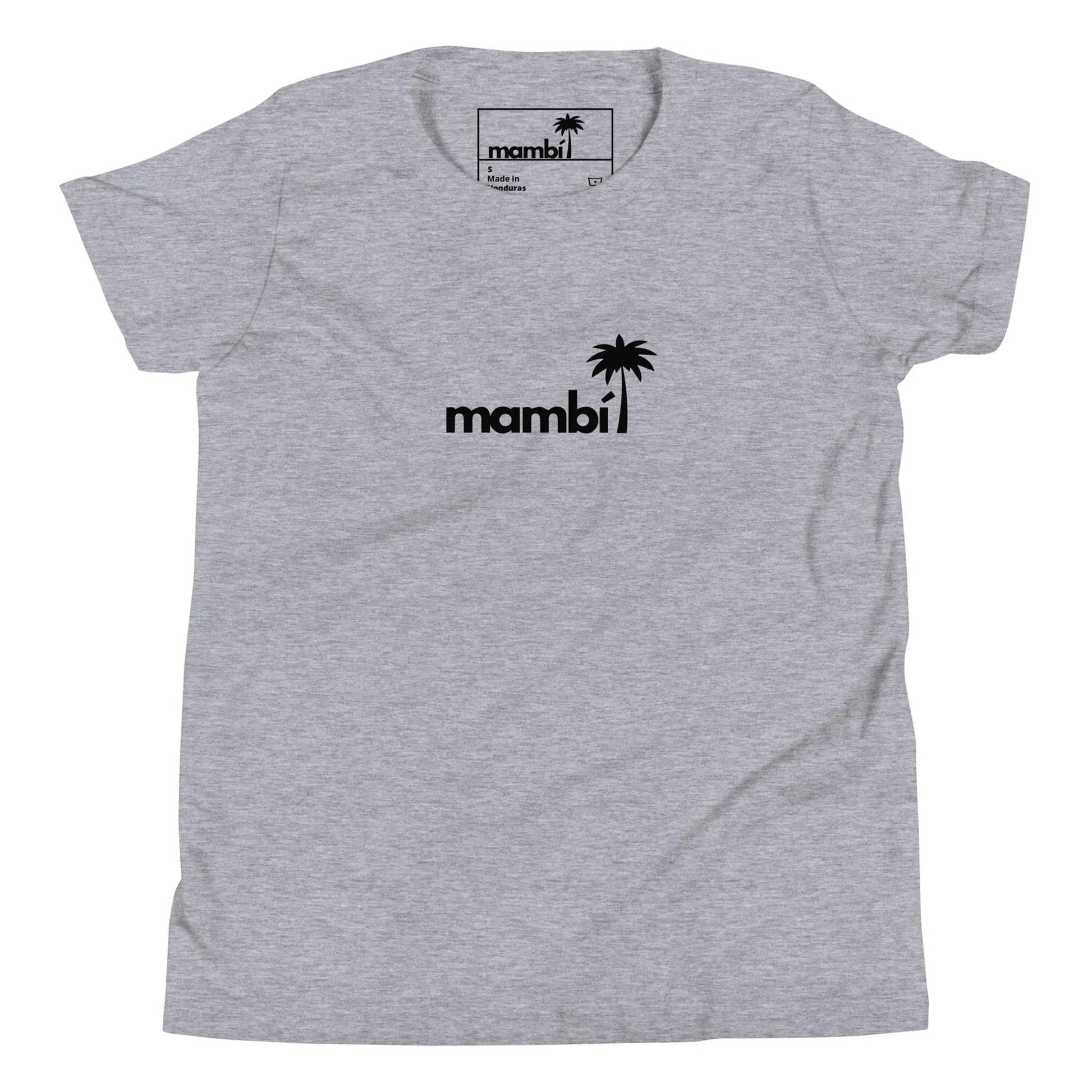 A light gray t-shirt featuring the word Mambí in black lowercase letters with a black palm tree graphic above the i on the chest. The same Mambí logo appears on the inside neck label.