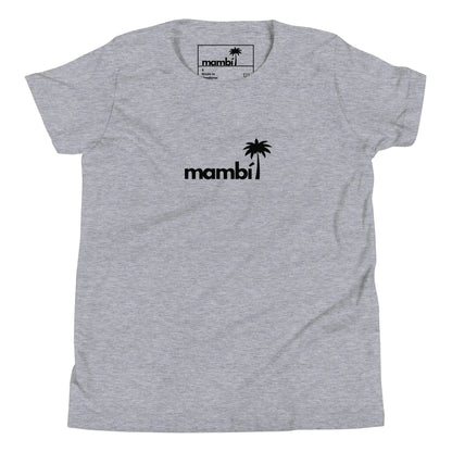 A light gray t-shirt featuring the word Mambí in black lowercase letters with a black palm tree graphic above the i on the chest. The same Mambí logo appears on the inside neck label.