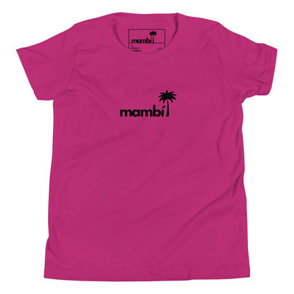 A bright pink t-shirt featuring the black text Mambí with a small palm tree graphic above the letter i in the center of the chest.