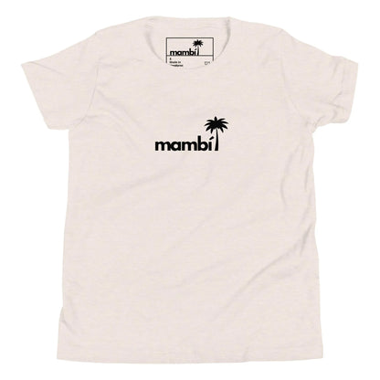 A light-colored t-shirt featuring the word Mambí in black lowercase letters across the chest, with a small black palm tree graphic above the letter i.