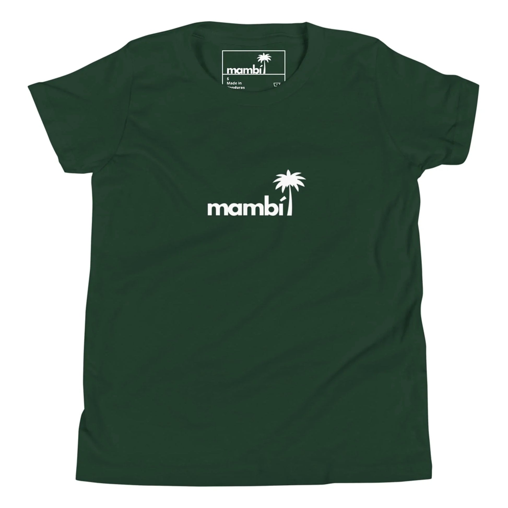 A dark green Mambí t-shirt featuring the word mambi in white lowercase letters and a white palm tree graphic above the letter i on the front center.