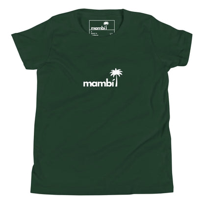 A dark green Mambí t-shirt featuring the word mambi in white lowercase letters and a white palm tree graphic above the letter i on the front center.