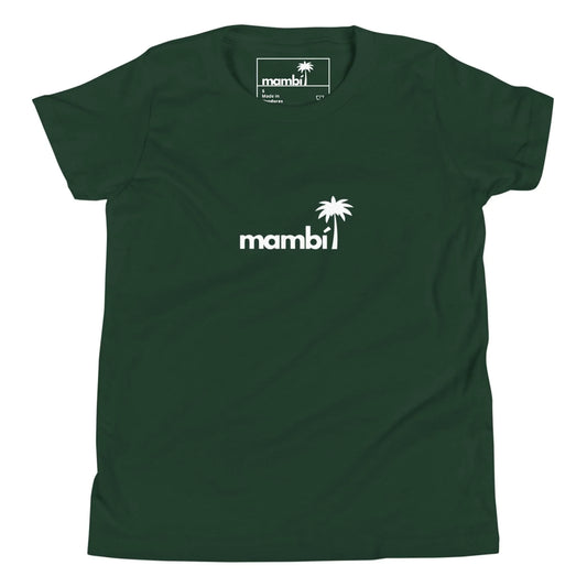A dark green Mambí t-shirt featuring the word mambi in white lowercase letters and a white palm tree graphic above the letter i on the front center.