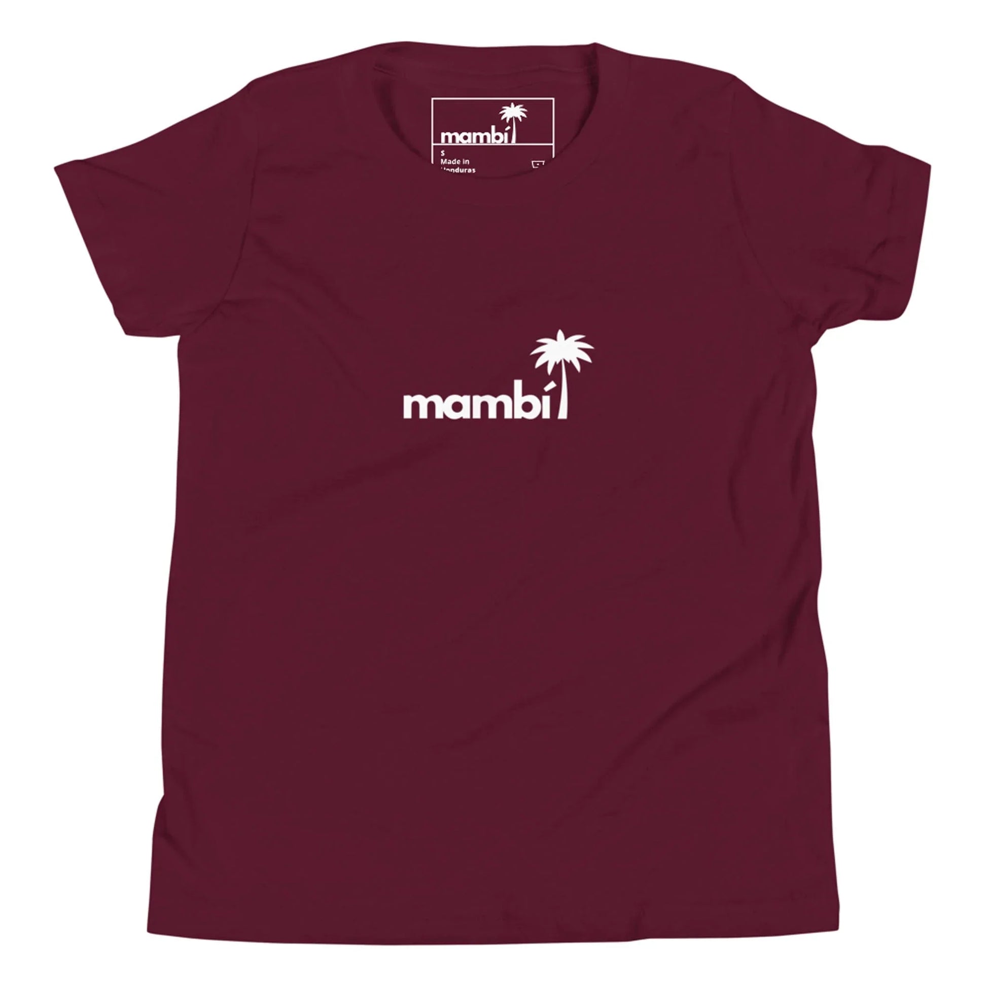A maroon t-shirt featuring Mambí in white lowercase letters, with a white palm tree graphic above the letter i at the center of the chest.
