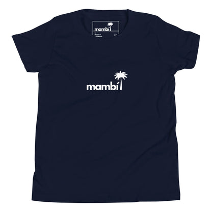Navy blue t-shirt featuring Mambí in white lowercase letters with a white palm tree graphic above the letter i on the front.