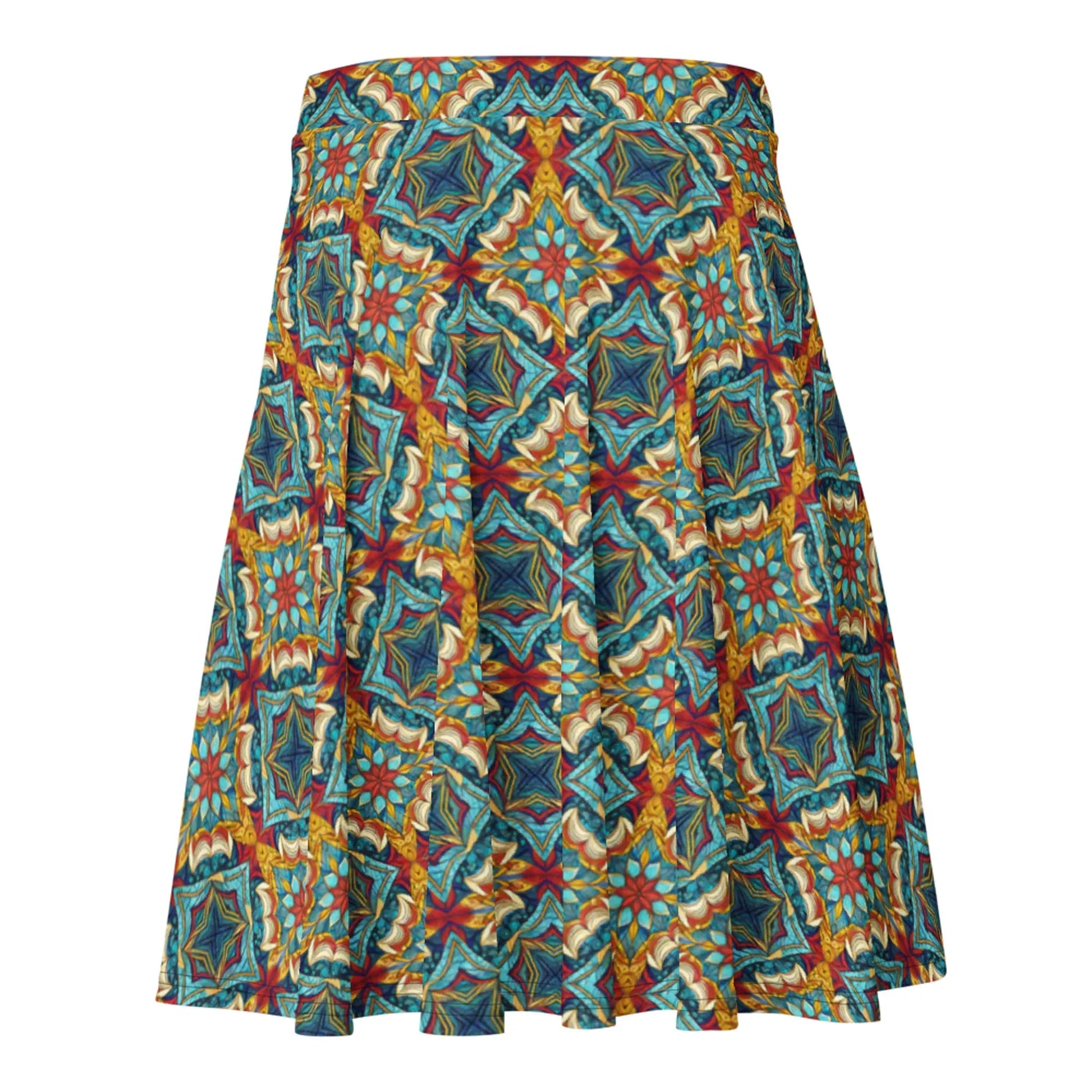 The Dinorah Skater Skirt by Printful features a knee-length, flared silhouette with a vibrant geometric pattern of star and floral shapes in blue, yellow, red, and green on flowing fabric for a flattering look.