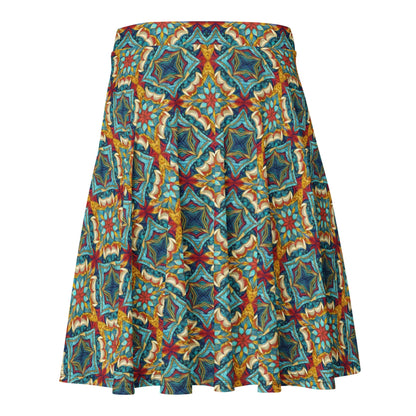 The Dinorah Skater Skirt by Printful features a knee-length, flared silhouette with a vibrant geometric pattern of star and floral shapes in blue, yellow, red, and green on flowing fabric for a flattering look.