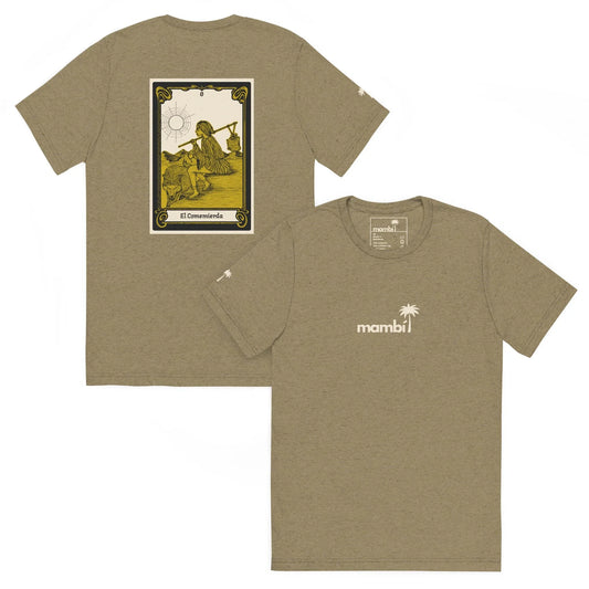 Front and back view of the olive green El Comemierda Tri-Blend Graphic Tee by Printful: small white palm tree with mambi text on front, bold yellow and black tarot card style El Comandante graphic on back. Unisex fit, soft cotton blend.