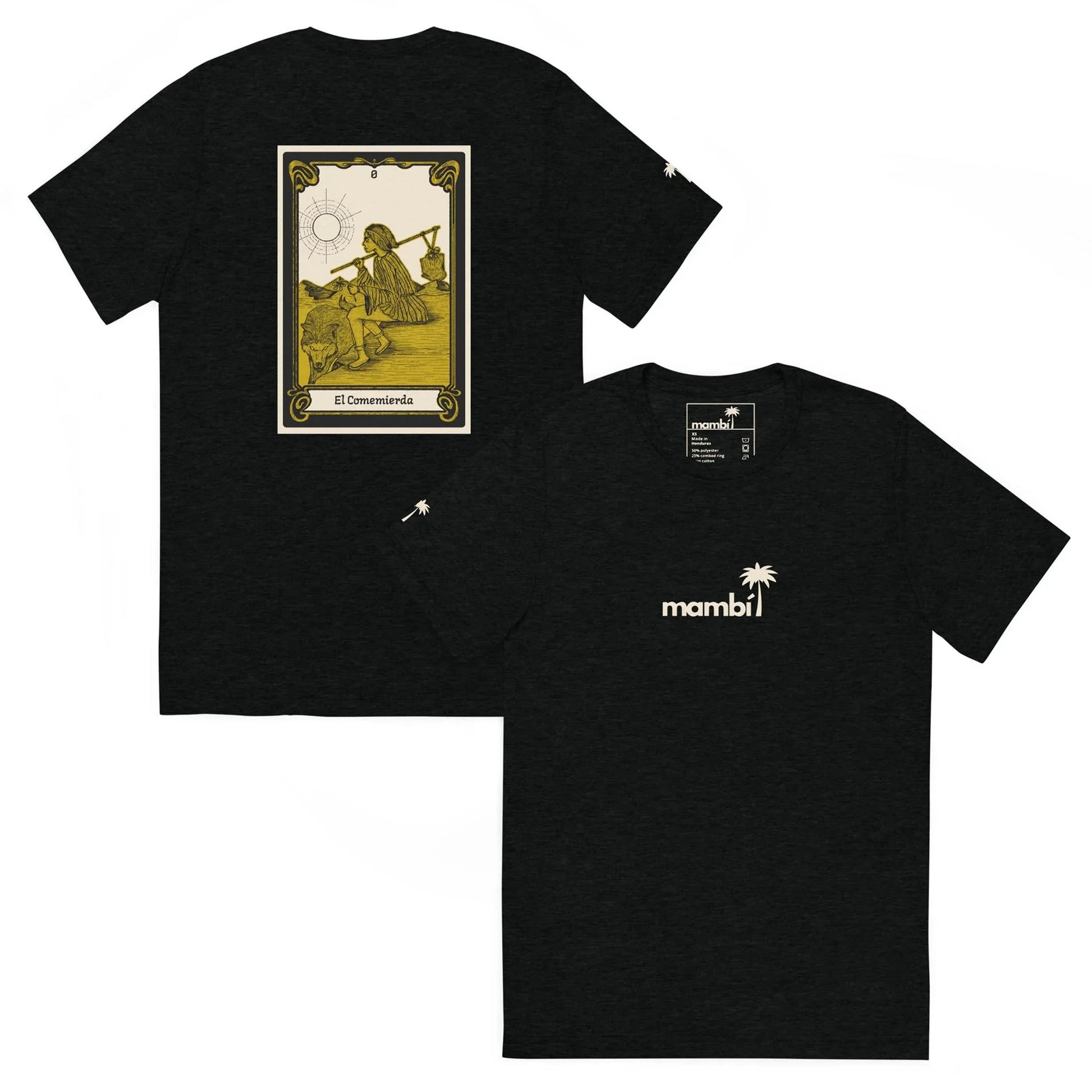 The El Comemierda Tri-Blend Graphic Tee by Printful features a small front “mambi” logo with a palm tree and a yellow, vintage tarot-style back graphic of a figure under the sun. Unisex fit for comfort and style.