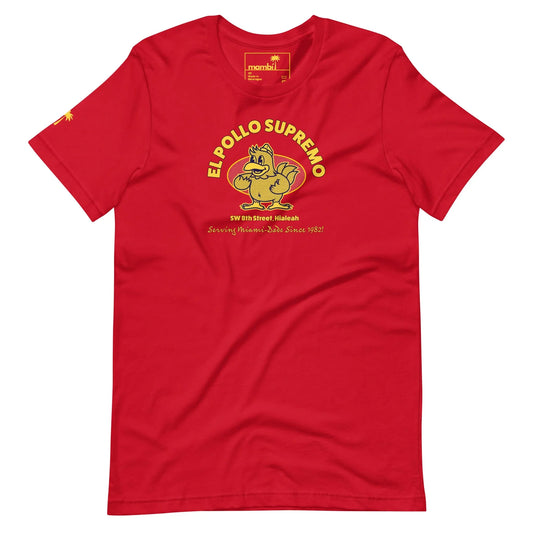 A red T-shirt featuring a cartoon chicken mascot, yellow Mambí text reading EL POLLO SUPREMO, and smaller text below with an address and Serving Hialeahs Best Since 1982.