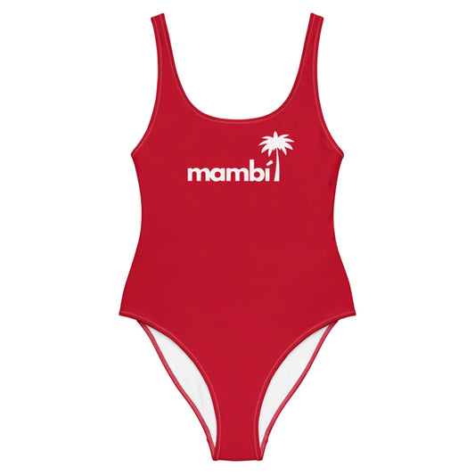 A red one-piece swimsuit featuring Mambí and a white palm tree graphic on the chest, with a scoop neckline and high-cut legs.