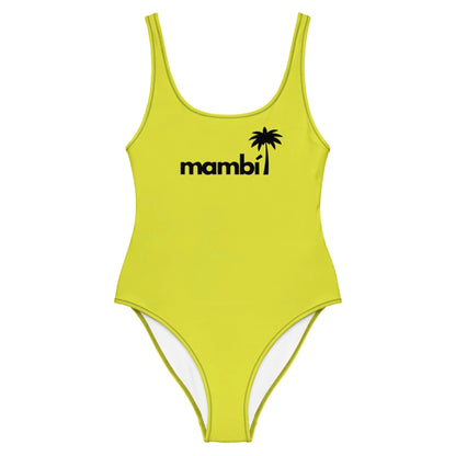 A yellow one-piece swimsuit featuring Mambí and a black palm tree graphic on the chest, with a scoop neckline and high-cut legs.