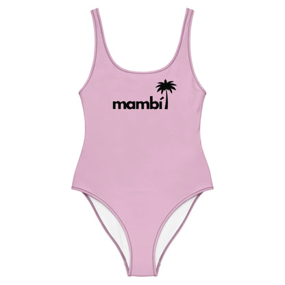 A light pink one-piece swimsuit featuring Mambí and a black palm tree graphic on the chest.