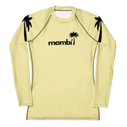 The Ellie Classic Long-Sleeve Rash Guard for women by Printful features light yellow fabric, black mambi text with a palm tree graphic on the chest, black palm silhouettes on the shoulders, UPF 50+ protection, and durable watersports wear.