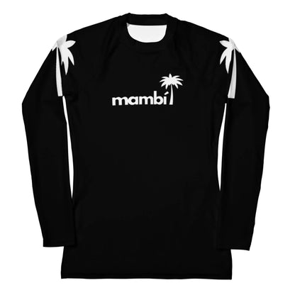 The Printful Ellie Classic Long-Sleeve Rash Guard for women features black fabric, white palm tree graphics on the shoulders, mambi in white with a small palm tree on the chest, and offers UPF 50+ protection for watersports durability.