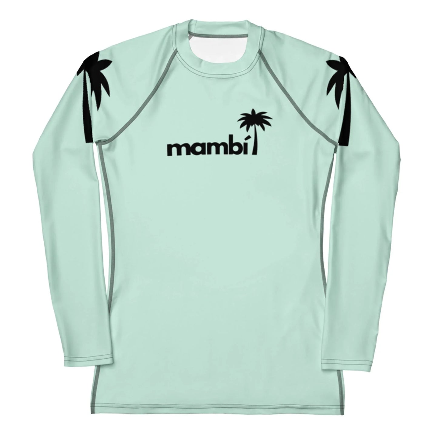 The Printful Ellie Classic Long-Sleeve Rash Guard for women features light mint green fabric with black palm tree graphics, mambi on the chest, and provides UPF 50+ protection for watersports durability.