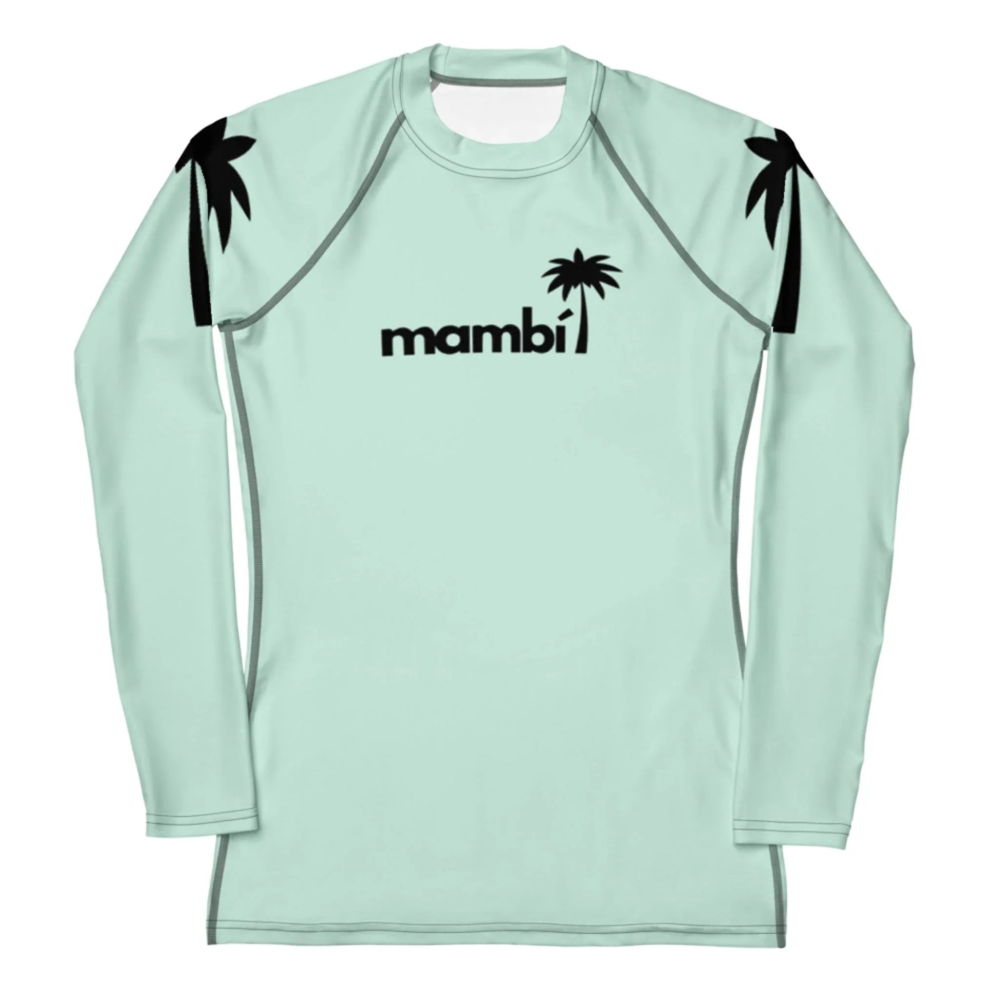 The Printful Ellie Classic Long-Sleeve Rash Guard for women features light mint green fabric with black palm tree graphics, mambi on the chest, and provides UPF 50+ protection for watersports durability.