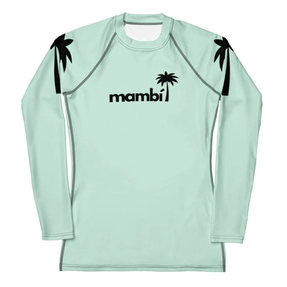 The Printful Ellie Classic Long-Sleeve Rash Guard for women features light mint green fabric with black palm tree graphics, mambi on the chest, and provides UPF 50+ protection for watersports durability.
