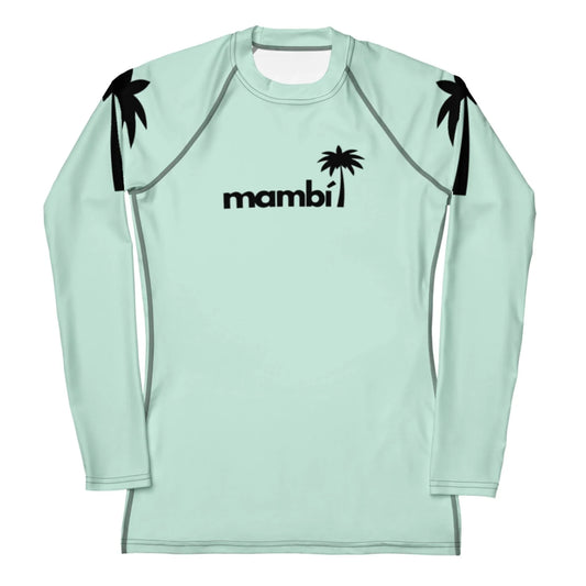 The Printful Ellie Classic Long-Sleeve Rash Guard for women features light mint green fabric with black palm tree graphics, mambi on the chest, and provides UPF 50+ protection for watersports durability.