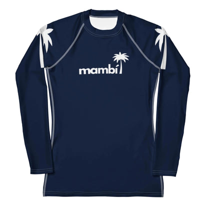 Printfuls Ellie Classic Long-Sleeve Rash Guard for women comes in navy blue with white palm tree graphics and a mambi palm logo. UPF 50+ sun protection and durable design make it perfect for watersports.