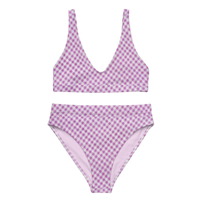 A two-piece Mambí bikini set with a purple and white gingham check pattern. The top features a deep V-neckline and wide straps, while the high-waisted bottoms offer a moderate leg cut.
