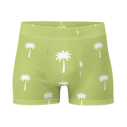 The Emerson Boxer Brief by Printful features a light green design with an all-over white palm tree print and offers a seamless fit for all-day comfort.