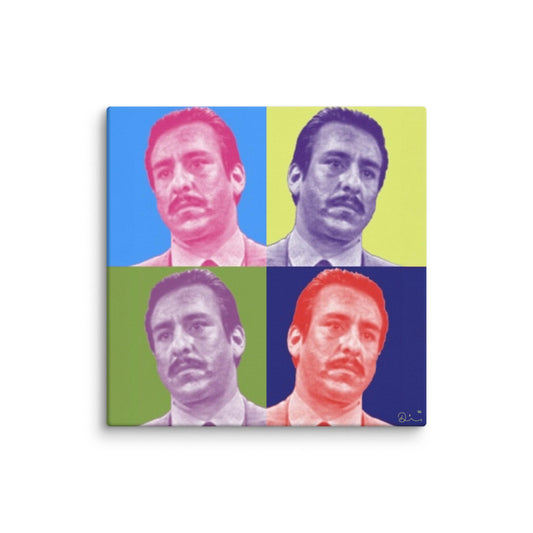 Four square panels in pop art style, each featuring a Mambí man in a suit with a mustache, depicted in different color combinations: red, blue, yellow, and green backgrounds with contrasting hues on the faces.