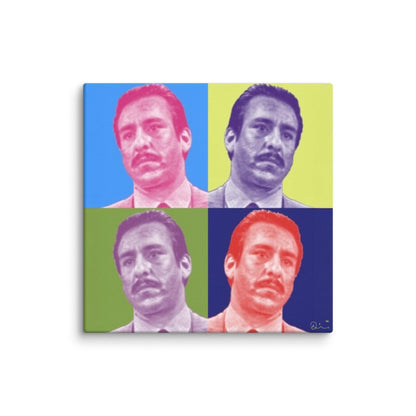 A pop art-style image featuring four squares, each with a different colored background and the same man in a suit and tie, depicted as a Mambí in vibrant color filters: pink, blue, green, and purple.