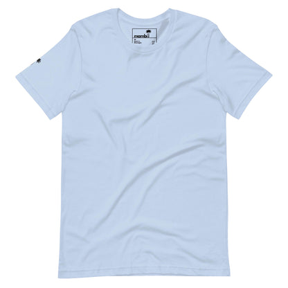 A plain light blue short-sleeve t-shirt featuring a small black palm tree logo on the left sleeve and a white neck label displaying the brand name Mambí. The shirt is laid flat on a white background.