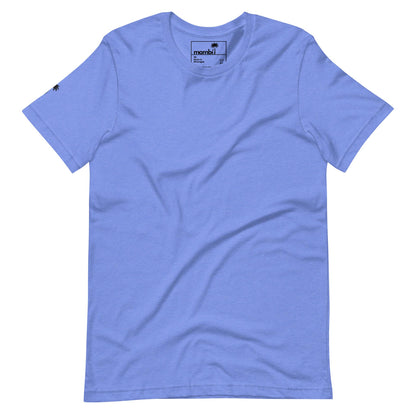 Light blue short-sleeve t-shirt with a small black Mambí palm tree logo near the left shoulder and a matching logo on the inside neck label. The shirt is laid flat on a white background.