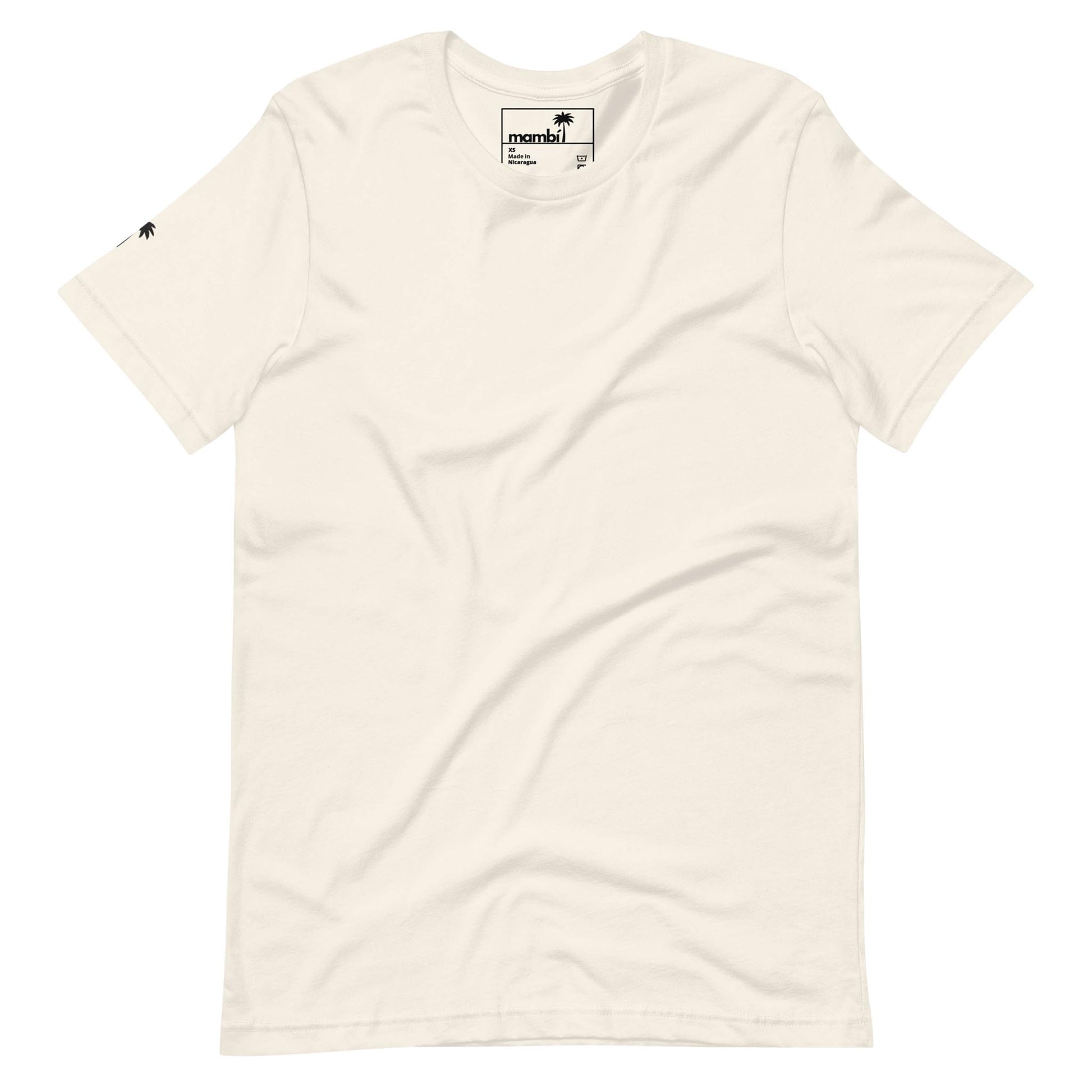 Off-white short-sleeve t-shirt with a small black Mambí logo tag on the collar and a tiny black palm tree icon on the left sleeve. The shirt is plain, featuring no other visible designs or patterns.