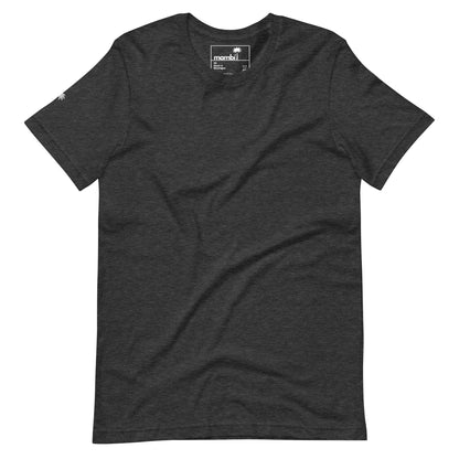 A plain, short-sleeve, dark gray t-shirt is laid flat. The collar label reads Mambí and there is a small palm tree logo on the left sleeve. The shirt has a simple, casual design.