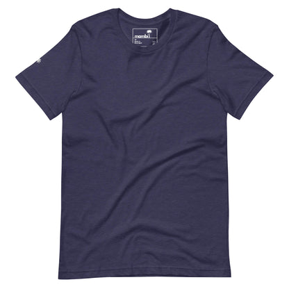 A plain, short-sleeved, dark blue Mambí T-shirt lies flat on a white background. There is a small white palm tree logo near the left shoulder and a visible brand tag inside the collar.