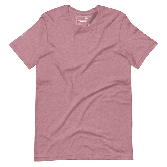 A plain, short-sleeve, crew neck Mambí t-shirt in a muted rose pink color, laid flat on a white background. The fabric appears soft with slight natural wrinkles.