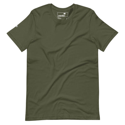 A plain olive green short-sleeve Mambí t-shirt is laid flat, displaying the front side with a round neckline and a small logo label on the inside collar area.