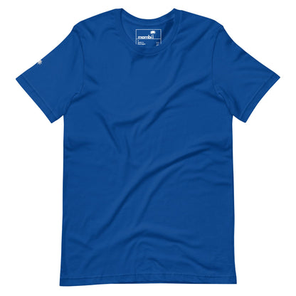 A plain royal blue short-sleeve t-shirt laid flat, featuring a small white palm tree logo on the left sleeve and a Mambí-branded tag inside the collar.