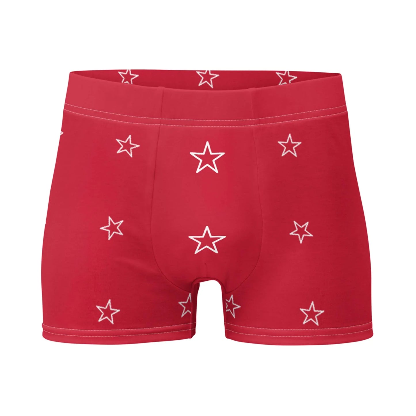 Red Mambí mens boxer briefs featuring a pattern of white outlined stars evenly spaced across the fabric, shown on a plain white background.