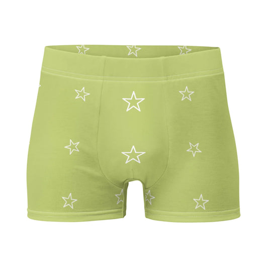 Light green Mambí boxer briefs feature a pattern of white outlined stars, displayed on a plain white background.