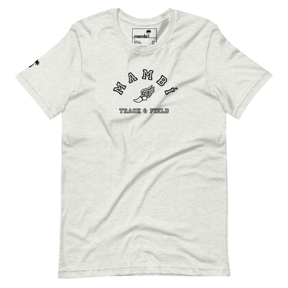 A light gray short-sleeve t-shirt featuring Mambí and a winged shoe graphic on the chest, with TRACK & FIELD printed below. A small palm tree graphic accents the left sleeve.