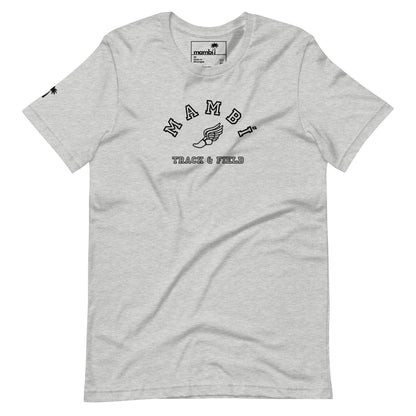 Light gray Mambí Track & Field t-shirt featuring a winged shoe graphic on the chest, a small palm tree on the left sleeve, and a brand label inside the collar.